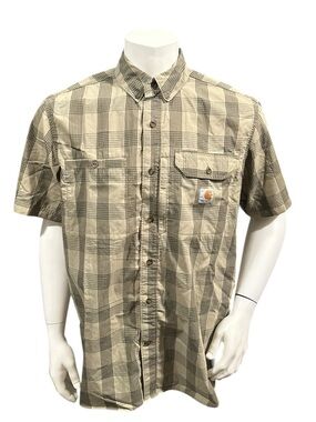 Carhartt Men’s Button Up Shirt Brown Plaid Logo Short Sleeve L